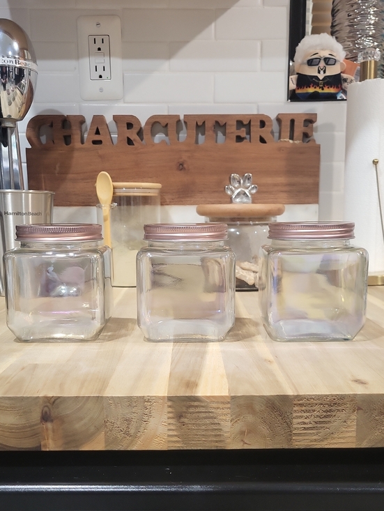 Other - ✨️ Irridecent Glass Mason Jars with Rose Gold Lids - Set of 3!